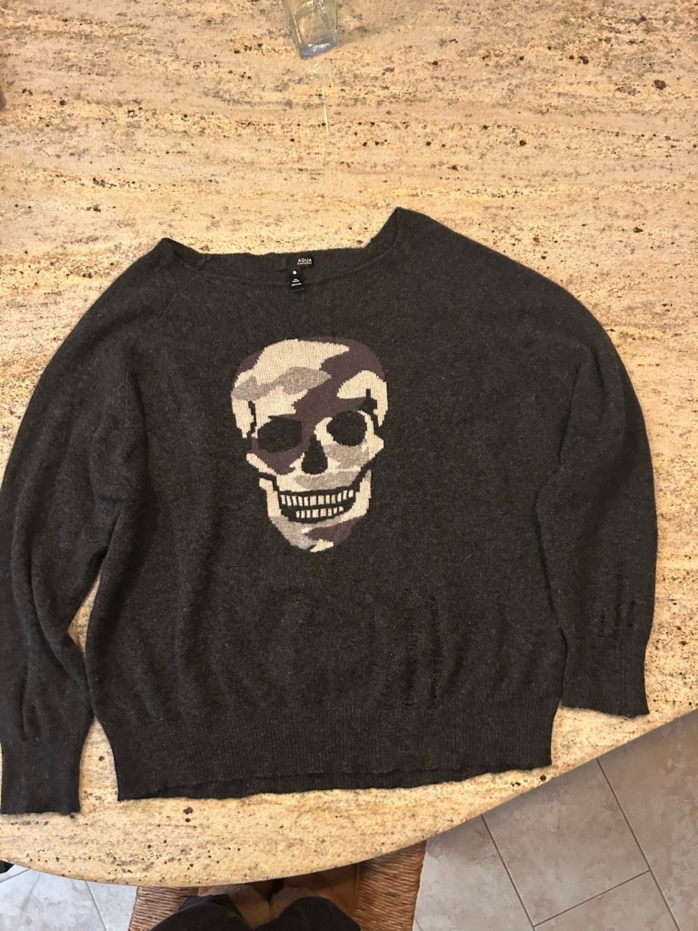 Aqua Dark Gray Crewneck Sweater with Skull Graphic